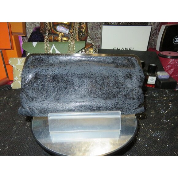 HOBO Handbags - SOLD HOBO LAUREN DOUBLE FRAME CLUTCH WALLET EMBOSSED BLACK LEATHER FOLD OUT